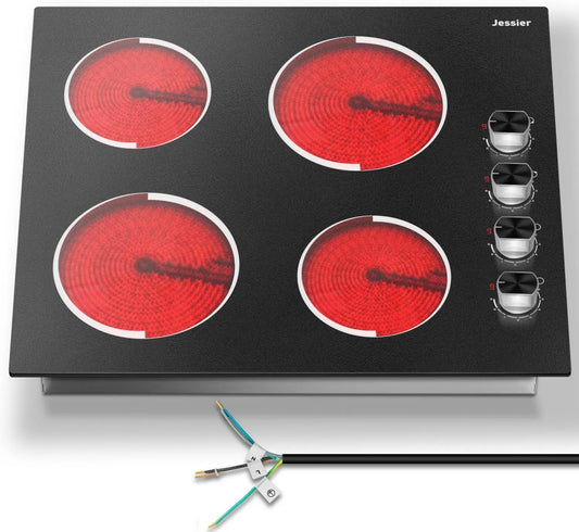 Jessier Placa de vidro cerâmico, 60CM, 4 lareiras, 6000 W, 220 V, 4 zonas Placa Elétrica, 9 Níveis, 6000W, 220V, controlo de Botões Rotary