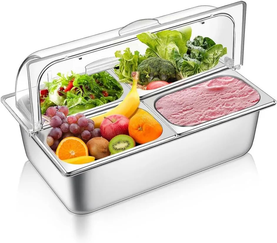 Generic Produto de aço inoxidável Dispensador de condimentos refrigerado com tampa transparente para bufês de enrolamento, exibição de bancada para