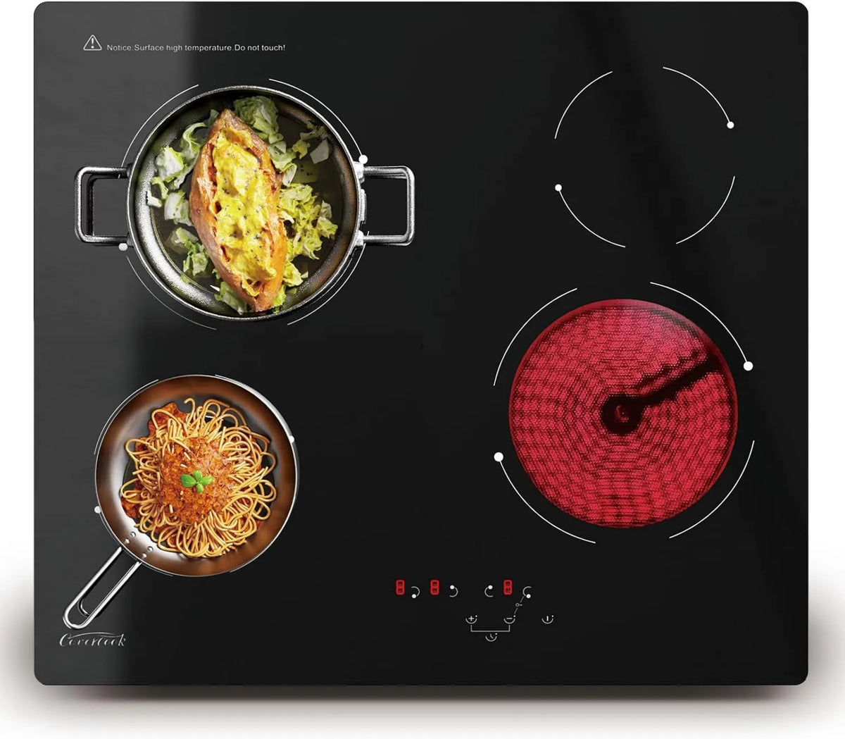 COVERCOOK Placa de vidro cerâmico, 60cm, 4 lareiras, 6000W, toque, mesa de cozinha elétrica, preto, 9 potências, 6000W