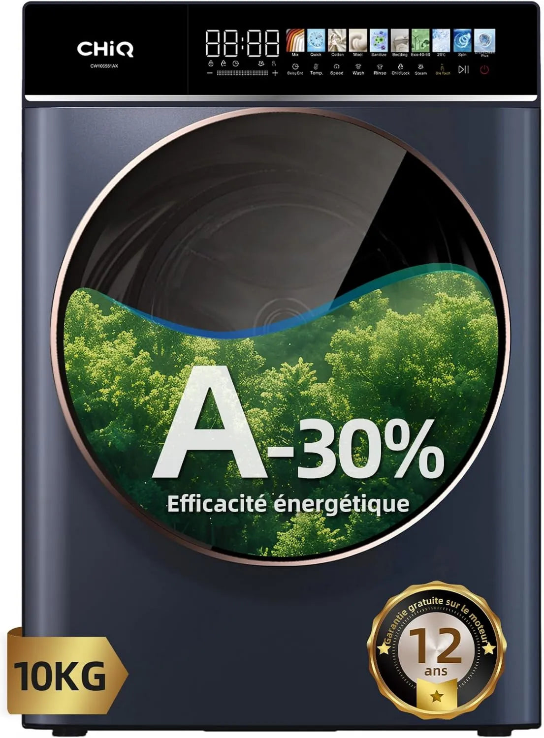 Máquina de lavar roupa, 10 kg, classe energética A, CHiQ CW106581Ax, toque, inversor, vapor, cinza, 1400 T, min, 580mm, programa de cama, Tambor de limpeza+