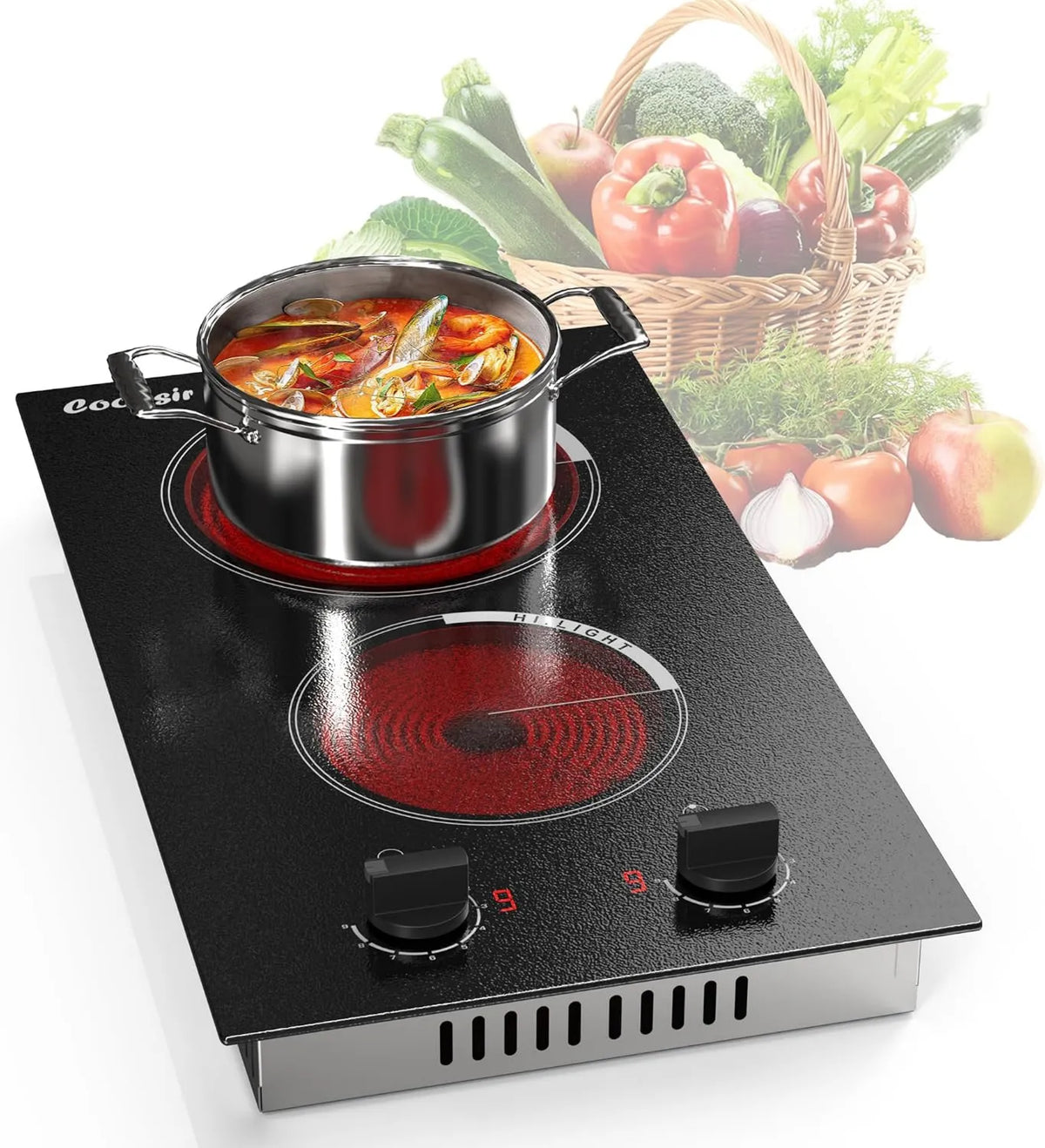 Cooksir Placa de vidro cerâmico, 30CM, 2 lareiras, 3000 W, 220 V, recesso, 9 Níveis, 3000W, 220V, botões de controlo, desligamento automático
