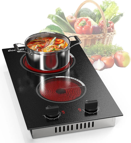 Cooksir Placa de vidro cerâmico, 30CM, 2 lareiras, 3000 W, 220 V, recesso, 9 Níveis, 3000W, 220V, botões de controlo, desligamento automático