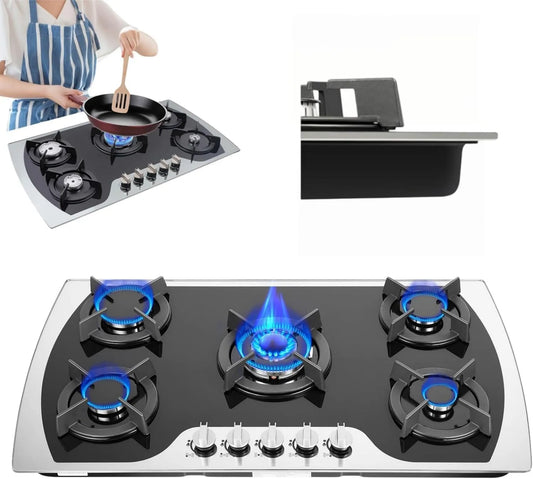 Jerool Utensílios de cozinha com forno, 83×47cm, grelha, profissional, ferro fundido, vidro temperado de 7mm, Para gás natural ou GPL, 0kW, Potência 3, fogão a gás 5 queimadores