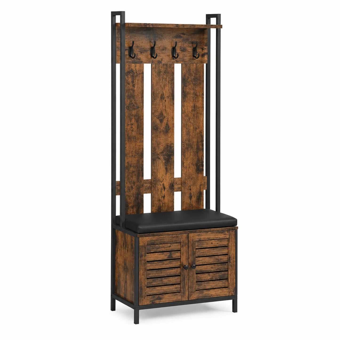 Perchero de madera y metal con asiento en PU negro