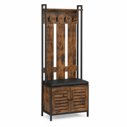 Perchero de madera y metal con asiento en PU negro