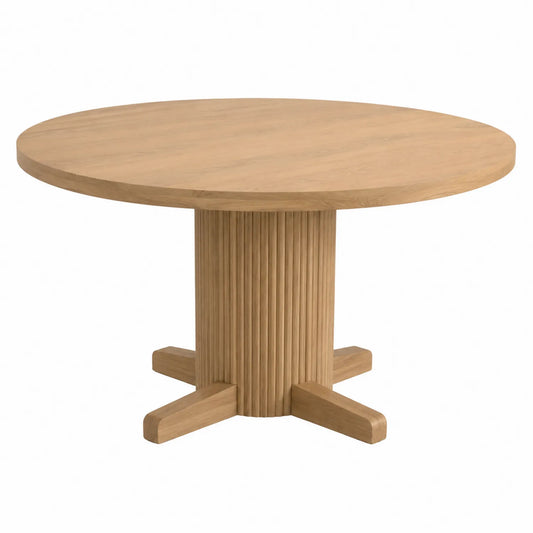 Mesa de comedor redonda de madera de roble con base cilíndrica