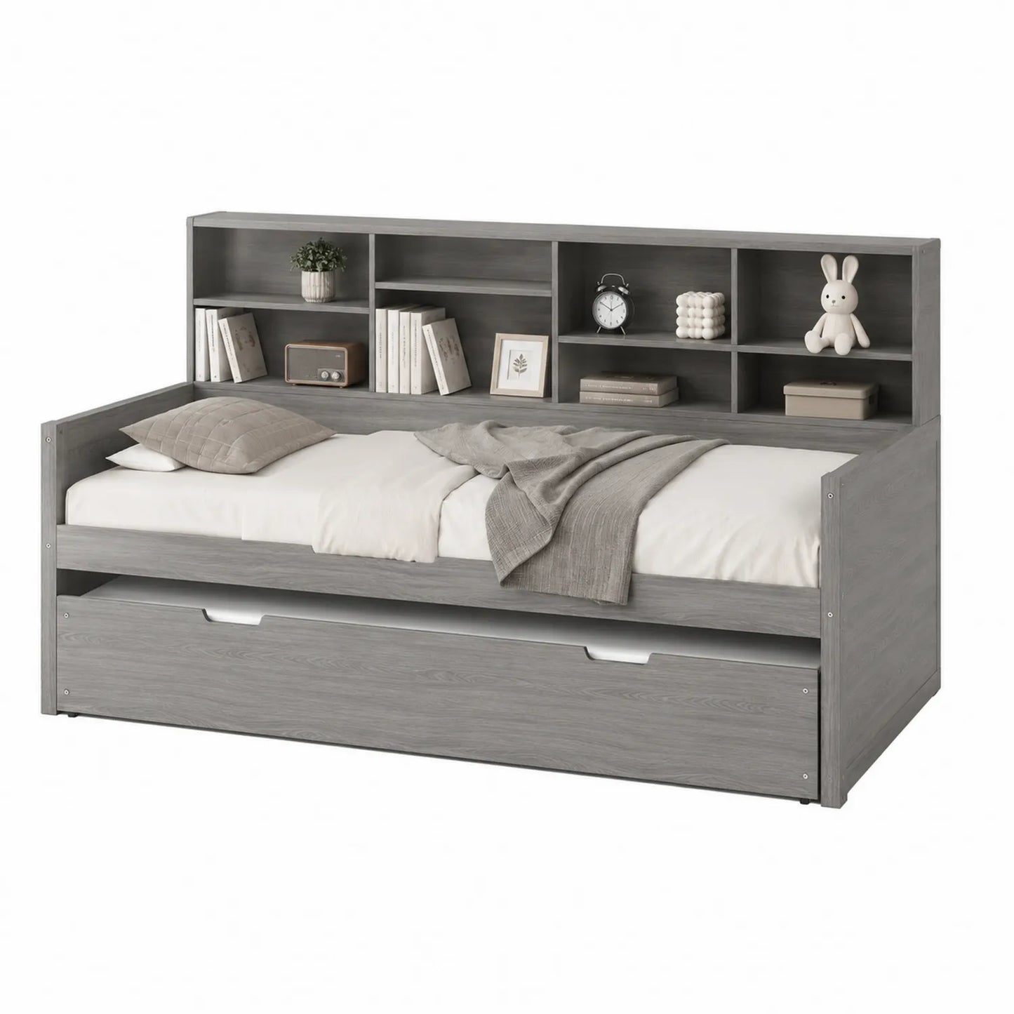 Cama de día de madera con estantería y almacenamiento gris
