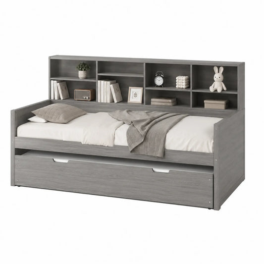 Cama de día de madera con estantería y almacenamiento gris