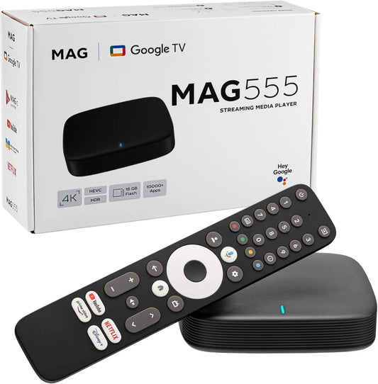 Google Netflix, MAG 555 Original Infomir & HB-DIGITAL 4K HDR Multimedia Player Receptor HDR com assistente, vídeo primo, Disney+, Dolby Atmos