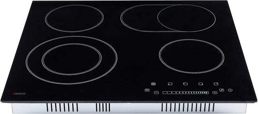 AREBOS Placa de vidro cerâmico, 59 cm, 6600 W, toque, travamento, mesa de cozinha elétrica, Sensor Touch, 4 lareiras, proteção contra superaquecimento