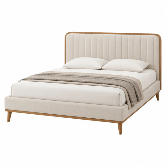 Cama de matrimonio tapizada en tela de poliéster con estructura de madera 200x160 cm