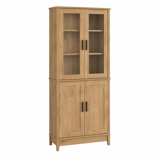 Armario alto de madera de roble con puertas de vidrio y madera