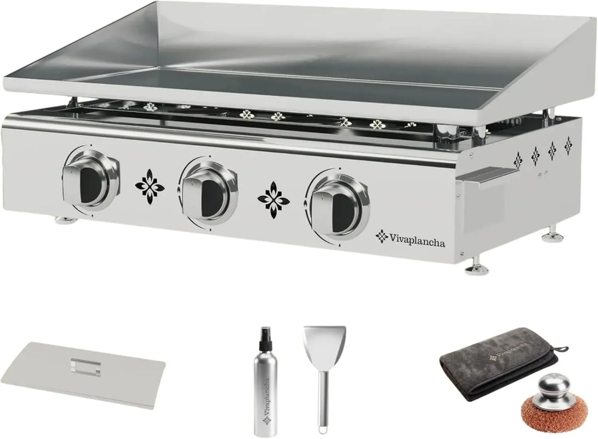 Vivaplancha Placa de cozinha, profissional, aço inoxidável, 3 + Acessórios, Plancha Gas Placa de aço inoxidável 6 mm de espessura Placa de aço inoxidável sólido Semi