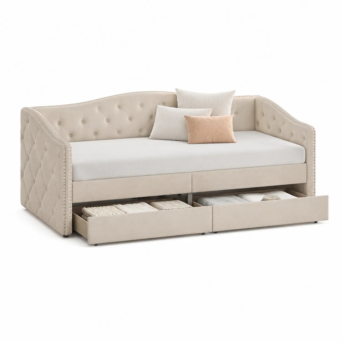 Sofá Cama con Cajones de Almacenamiento Tapizado Beige