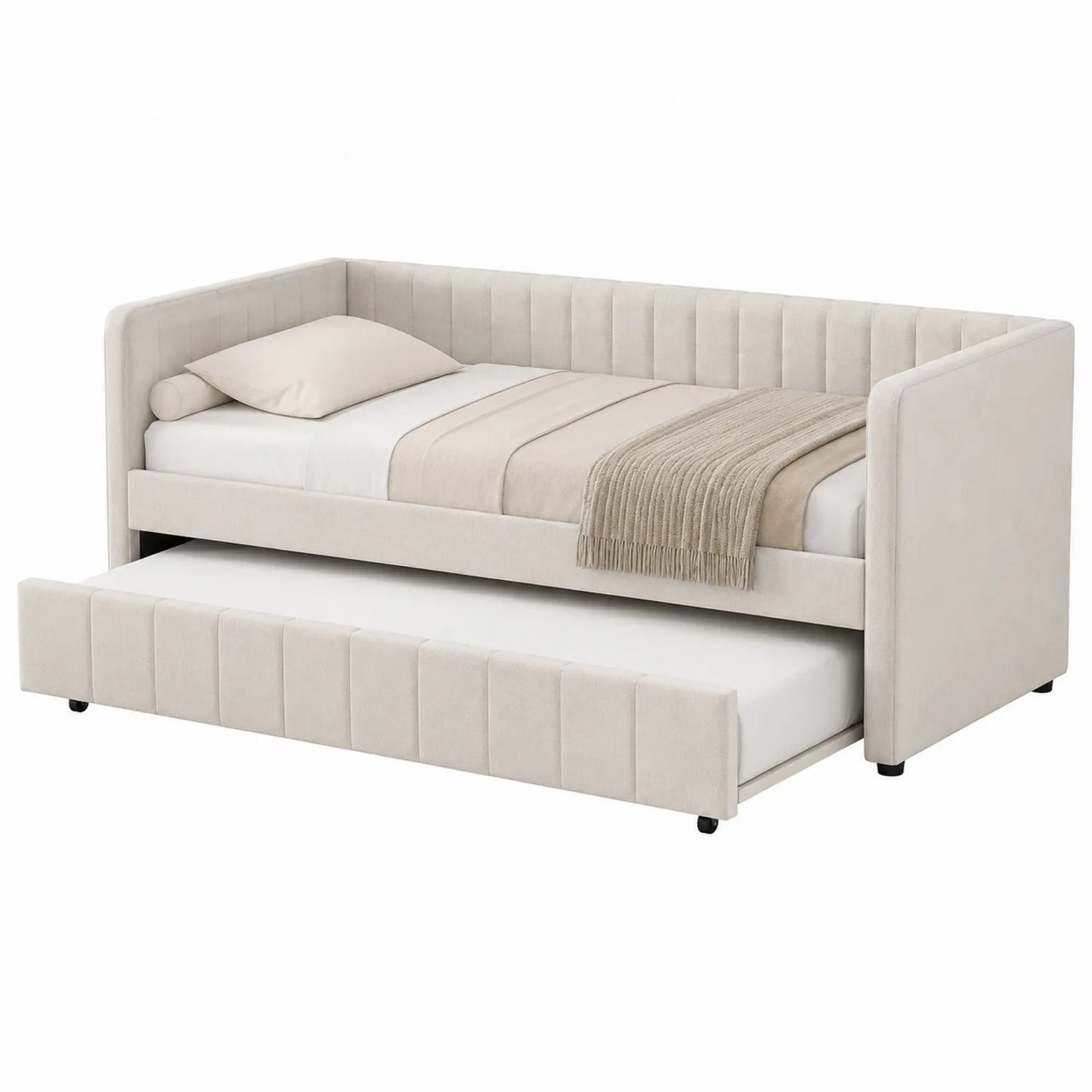 Cama nido de tela beige con estructura de madera