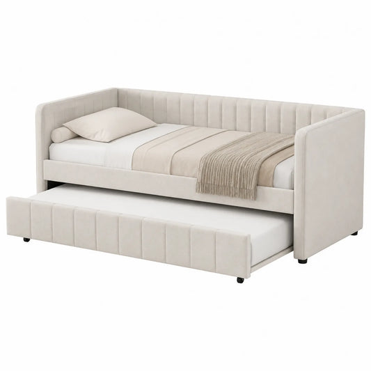 Cama nido de tela beige con estructura de madera
