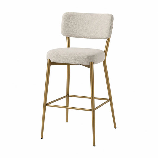 Taburete de bar de tela bouclé beige y estructura metálica dorada