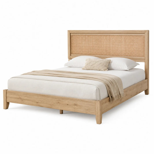 Cama de matrimonio de madera y ratán 200x160 cm