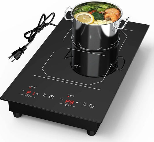 ANHANE Placa de indução, 30cm, 2 lareiras, 3000W, mesa de indução de cozinha, travamento, temporizador, camping, 120 min temporizador, 9 Níveis de potência