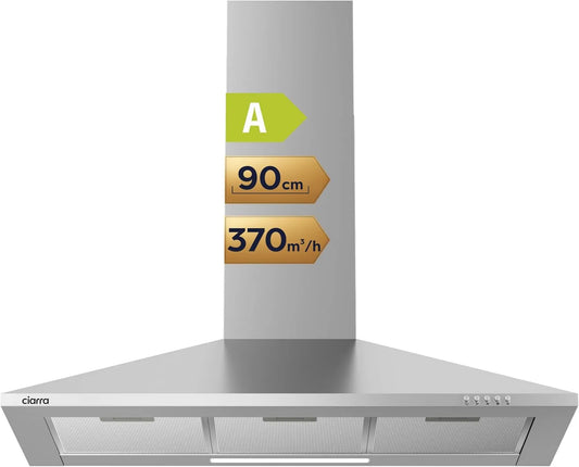 CIARRA CIRRA exaustor, 90 cm, 370 m3/h, classe energética A, capa de cozinha, evacuação e reciclagem, iluminação LED, 3 velocidades, filtro a 5