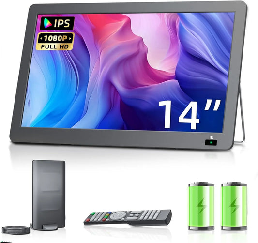 Desobry Smart TV 1080p, 14, 2 polegadas, TV, HDMI, USB, portátil, DVB-T2, camping, Tuner DVB-T2, Com bateria, cozinha