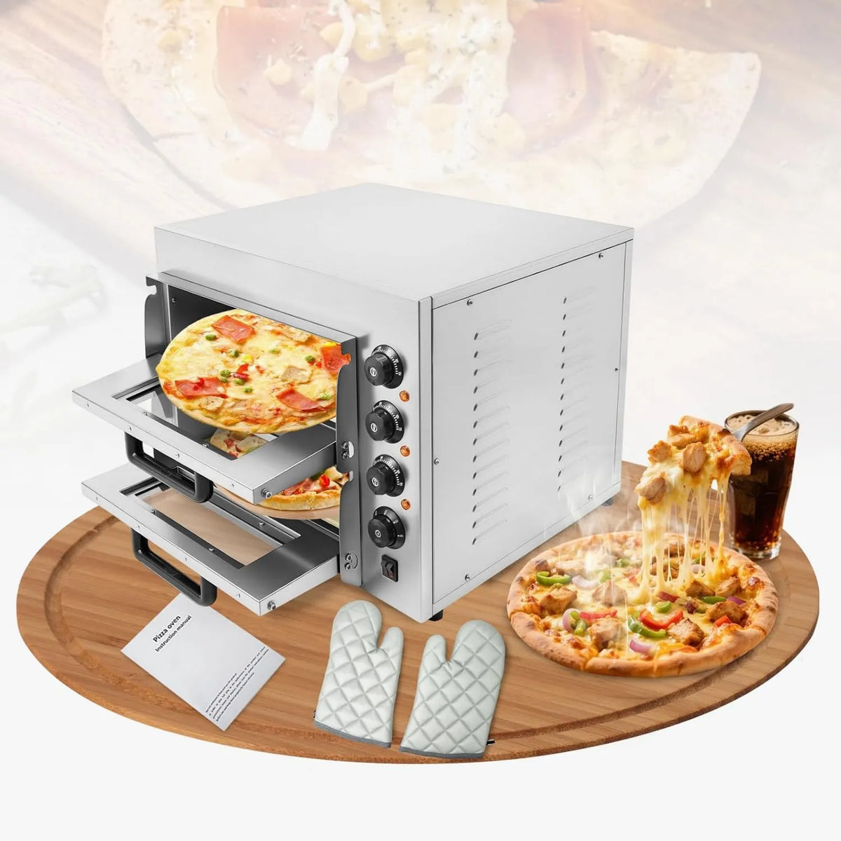 BAOCHADA Forno elétrico de pizza, 3000 W, 50 a 350 °C, temporizador, compacto, regulação de temperatura 50-350 °C, forno de pizza elétrica camada dupla 3000