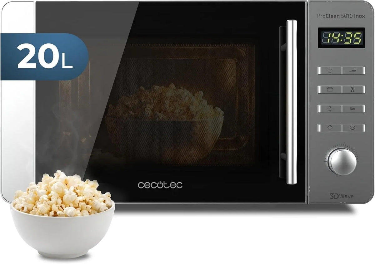 Cecotec 3DWave Ready2Clean micro-ondas, 20 L, 700 W, 8 programas, temporizador, aço inoxidável, microondas, design frontal e alça de aço inoxidável