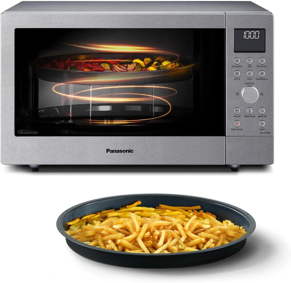 Panasonic NN-CD58RSEPG 4-em-1 Microondas, 27 L, 1000/1300 W, 19 programas, grelha, inversor, aço inoxidável, microondas, botão rotativo