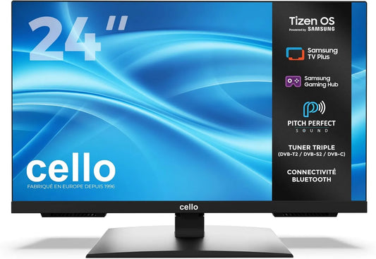 Cello Samsung C2426TZH Smart TV, 24 polegadas, TV, Tizen OS, sintonizador triplo DVB-T2, S2, sem moldura, Bluetooth, Hub de jogos, colunas perfeitos de lançamento