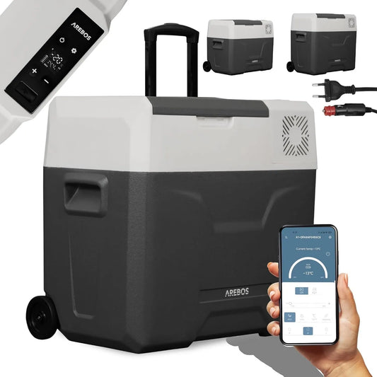 AREBOS Frigorífico, 47 L, rodízios móveis, elétrico com controlo APP para Cool, Freeze e Mantenha quente, para o carro