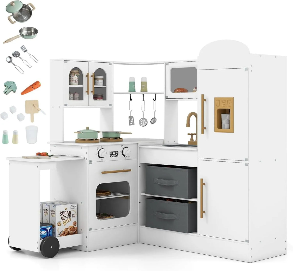 Microondas, branco, canto HOMASIS cucina com carrinho deslizante, para 3+ Anos, Luz e som, Wood Toy Kitchen com forno, Máquina de gelo