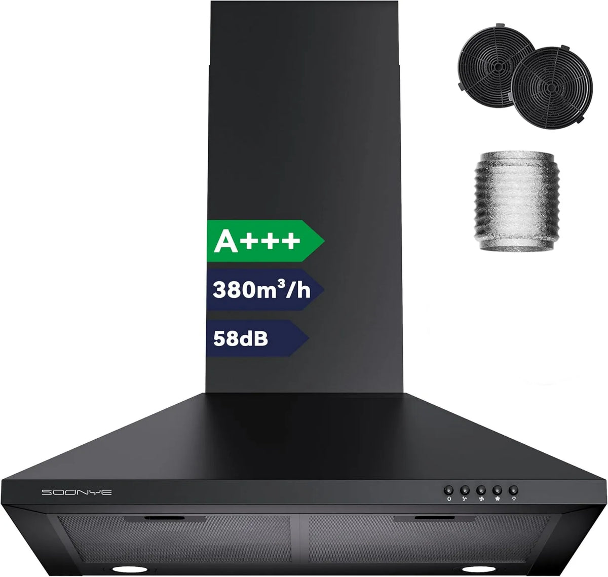Soonye exaustor, 60cm, 380m3/h, classe energética A, capa de cozinha, evacuação e reciclagem, instalação de parede, preto, Filtro de Carbono Incluído