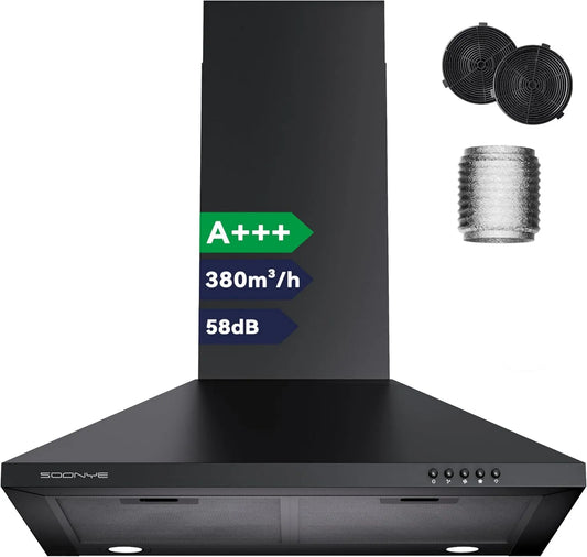 Soonye exaustor, 60cm, 380m3/h, classe energética A, capa de cozinha, evacuação e reciclagem, instalação de parede, preto, Filtro de Carbono Incluído