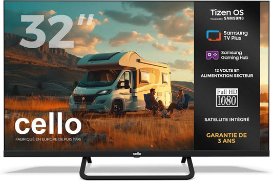 Cello Samsung CTRAV-32TZ Smart TV, 32 polegadas, 12 V, TV, Tizen OS, sintonizador triplo DVB-T2, S2, HDMI, sem moldura, Bluetooth, Hub de jogos, colunas