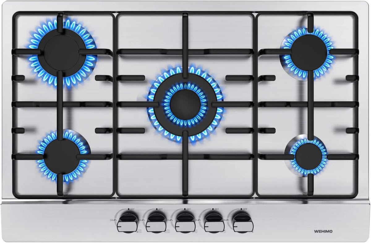 Utensílios de cozinha com forno, 10500 W, encastrado, grelha, ferro fundido, aço inoxidável, placa de gás 5 faróis inoxidáveis, placa de cozinha WEHIMO 5 faróis de gás, fonte de grade