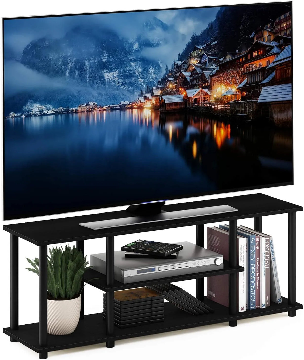 Furinno Smart TV, 55 polegadas, TV, 3 níveis, preto, Polegada, Particulate board, Walnut, Walnut, Preto