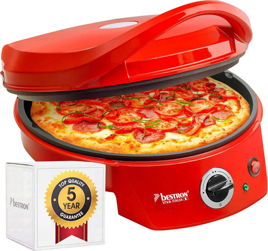 Bestron Forno de pizza elétrica, 27Cm, Ø 27 cm, vermelho, Aquecimento Topo, Fundo de pizza feito de casa ou congelado, 1800 Watts, Forno de pizza até 230°C
