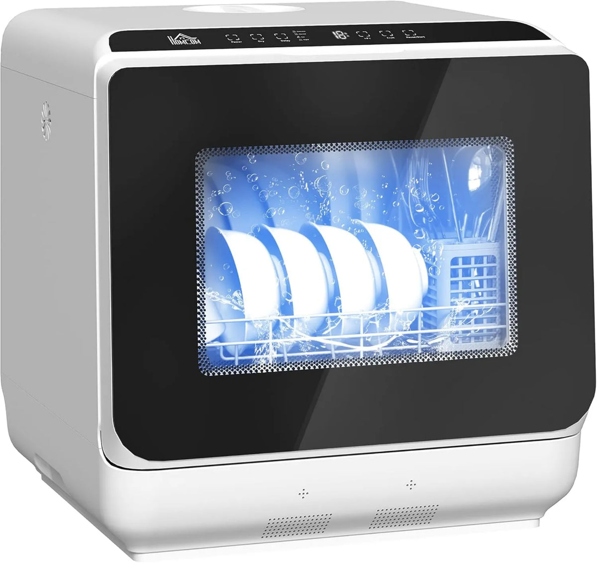 HOMCOM Máquina de lavar loiça, 6 L, 6 programas, toque, branco, ecrã LED, Secagem de ar, Abastecimento de água dupla, Saída diferente