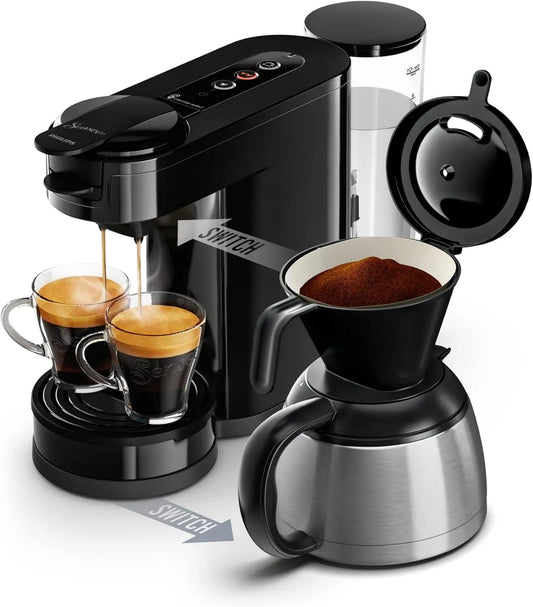 PHILIPS 2 em 1 tecnologia, Switch Máquina de café com vagens e filtro, Borracha isotérmica, jarro para 7 copos HD6592/65, 1 tanque de água de 1 l